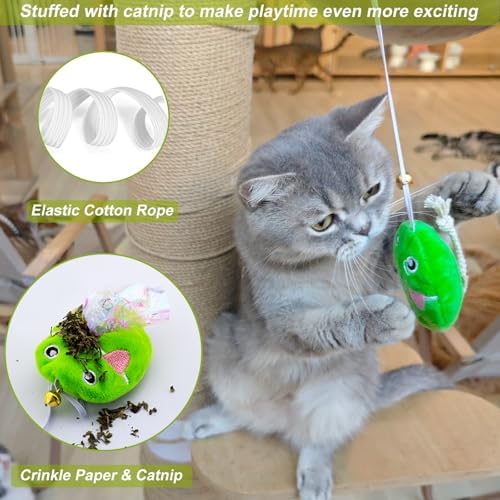 Interactive Cat Toy Wand with Catnip Mouse, Cat Teaser Wand Rainbow String for Bored Indoor Adult Cats and Kittens (5 Pack)