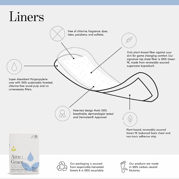 Attn: Grace Panty Liners for Women - 92 Liners – for Light Urinary Incontinence, Bladder Leakage or Postpartum - 100% Breathable & Plant-Based Materials Active Odor Control, Free from Harsh Chemicals