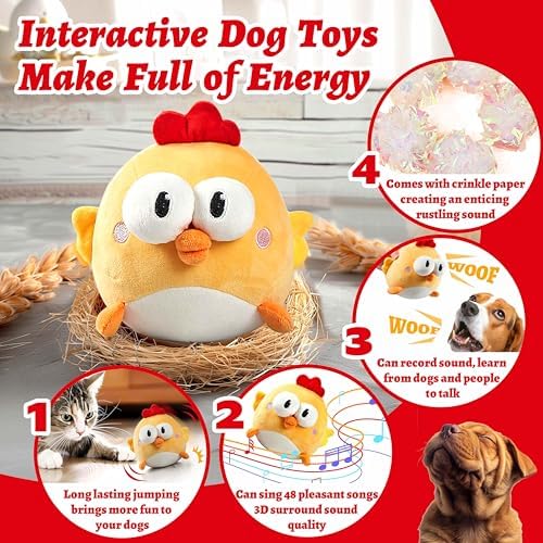 GUKCO Interactive Dog Toys, Moving Ball Toy with Jumping & Music(Chick) | Rechargeable Plush Toy for Small, Medium & Large Dogs to Keep Them Busy