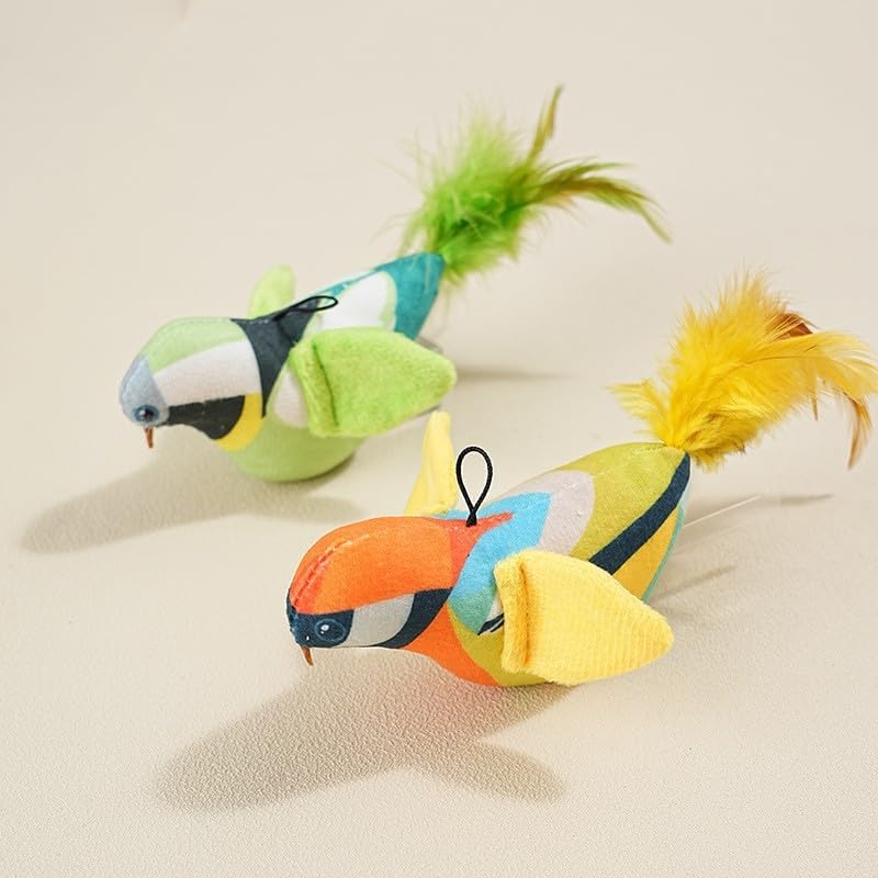 Interactive Chirping Bird Cat Toy, Hanging Door Suction Cup Teaser with Elastic Cord, Plush Feather Swing Toy for Indoor Cats, Exercise and Boredom Relief