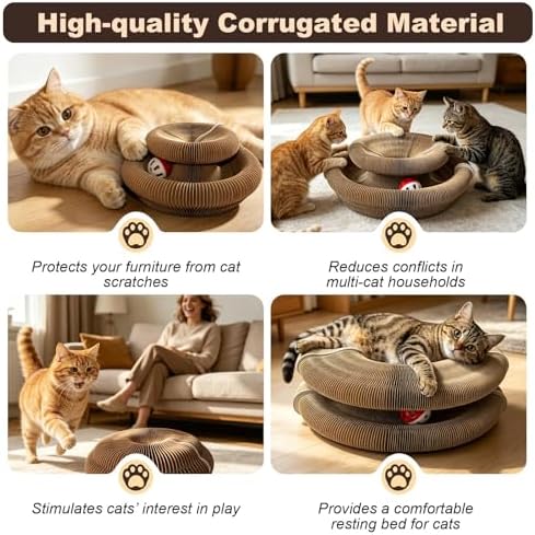 2-Pack Cat Pad Scratcher Toys, Magic Organ Cat Toy & Kitty Curls Cat Toy, Interactive Cardboard Cat Scratching Board with Bell Balls, Corrugated Scratcher for Indoor Cats, Furniture Protection