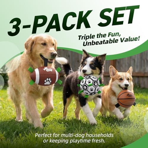 QDAN Dog Soccer Ball Football Basketball Set - 3 PCS Dog Balls with Strap for Tug of War, Soccer Ball Football Toys for Small Medium Large Dogs, Herding Ball for Dogs, Dog Birthday Toy