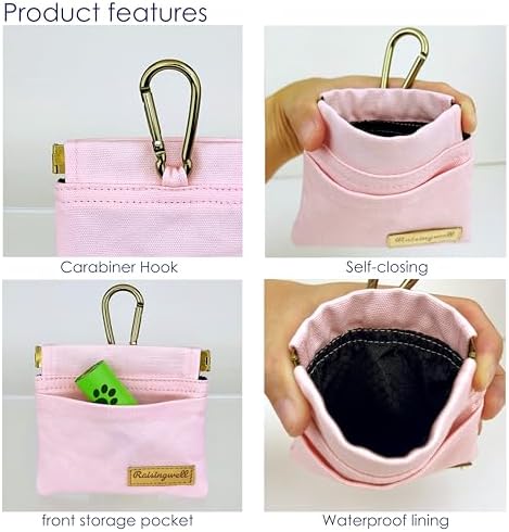 Raisingwell Pocket Sized Pet Training Pouch, Cotton Fabric, Hand Free Dog Walking Bag with Carabiner Self-Closing Pet Feed Snack Reward for Puppy Travel or Outdoor Use (PINK)