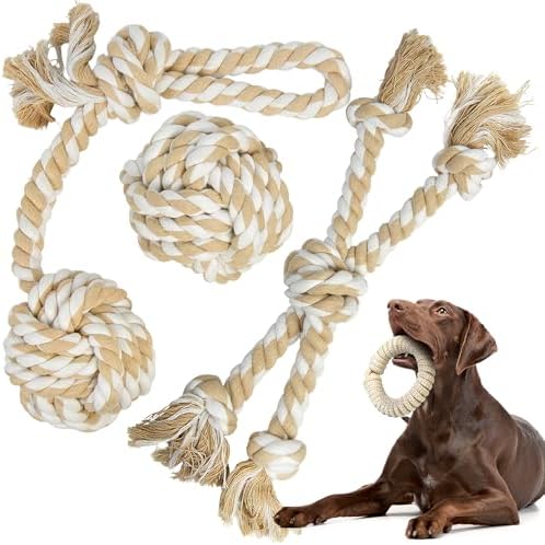 TwoEar Dog Rope Toy for Large Dogs - 4 Pack Natural Cotton Dog Chew Toys