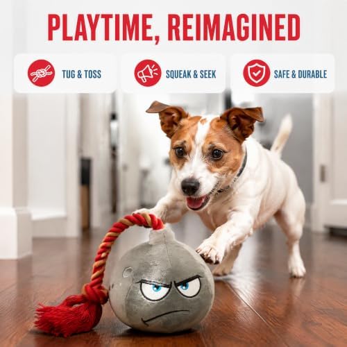 Squeaky Bomb-Shaped Plush Dog Chew Toy with Braided Rope