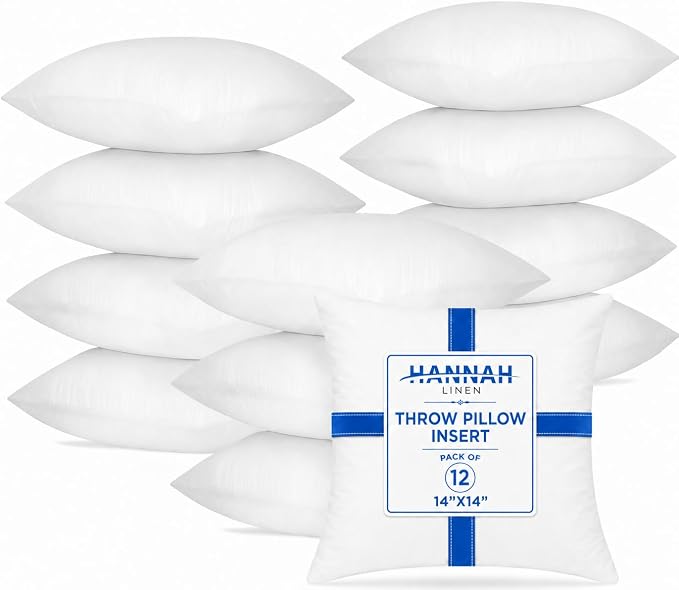 Hannah Linen Throw Pillow Inserts 14x14 – 12 Pack Square Decorative Pillow Insert for Couch, Sofa & Bed, Soft Fluffy Polyester Filled Cushion Stuffers, Indoor Home Decor Pillows