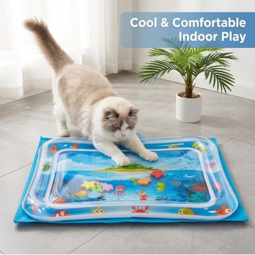 Cat Water Mat with Protective Bag, Scratch Resistant Thickened PVC Water Play Mat, Summer Cooling Interactive Water Filled Mat, Portable Foldable Paw Proof Cat Toy Mat for Indoor Outdoor (B)