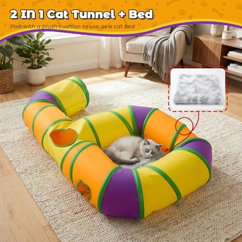 Cat Tunnel for Indoor Cats 6-Shaped, Collapsible Cat Playhouse Pet Play Tunnel Tube Maze with Hanging Pom-Poms and Interactive Hole for Kitten, Kitty, Puppy, Rabbits, Ferret, Guinea Pig
