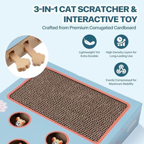 PAWISE Interactive Cat Scratcher Toy - 3-in-1 Cardboard Cat Scratching Board & Interactive Puzzle Toy Box for Indoor Cats, Nail File Scratch Pad with Pop-up Mice, Cat Enrichment Toy for Kitten
