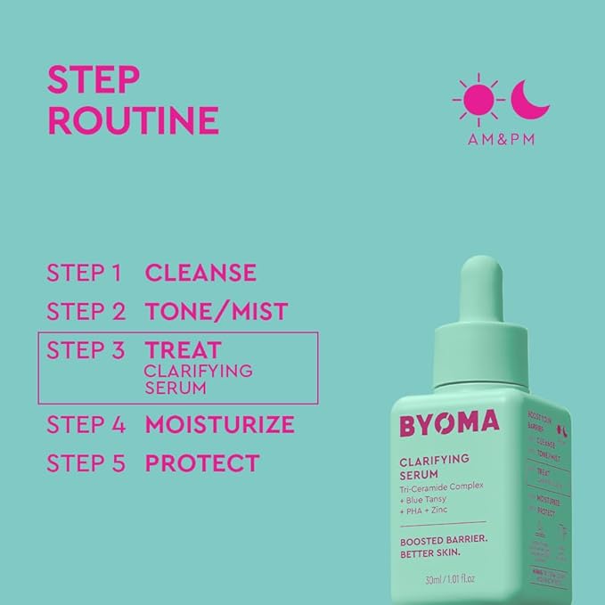 BYOMA Clarifying Serum - Barrier Repair Serum - Clarifying Facial Serum for Acne Prone Skin - Calming Face Serum with Ceramides, Blue Tansy, PHA & Zinc - Balanced & Healthy Skin - 1.01 fl. oz