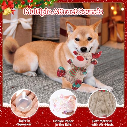 loncoldy Christmas Dog Toys, Funny Squeaky Reindeer Toy with Crinkle Paper Attract Pets, Interactive Plush Chew Toys, Adorable Christmas Elk Dog Gifts for Small Medium Large Dogs