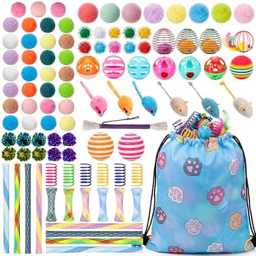 Leitee 100 Pcs Cat Toys Variety Pack with 1 Gift Storage Bag, Interactive Cat Play Assortment Set for Indoor Kitten, Colorful Springs, Mouse Toys, Chew Ropes, Balls, Bells & Sisal Ball(Ball Toy)