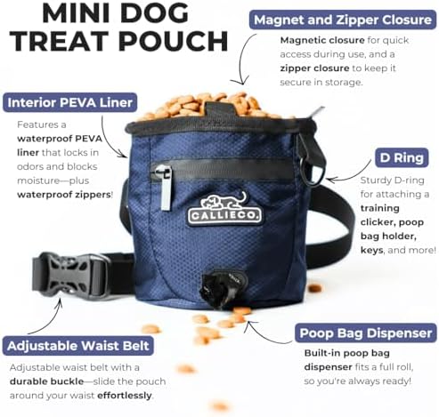 Callieco Mini Dog Treat Pouch with Magnetic & Zipper Closure | Small Waist Belt Training Behavior Aid Bag for Dog Walking with Poop Bag Dispenser (Blue)