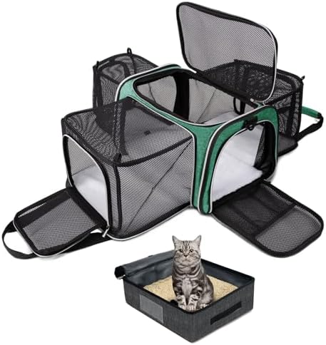 BAGLHER Expandable Cat Carrier with Travel Litter Box, Pet Travel 5 Sides Open Doors 3 Sides, Leak-Proof and Collapsible, for Car, Airplane Trip, Green