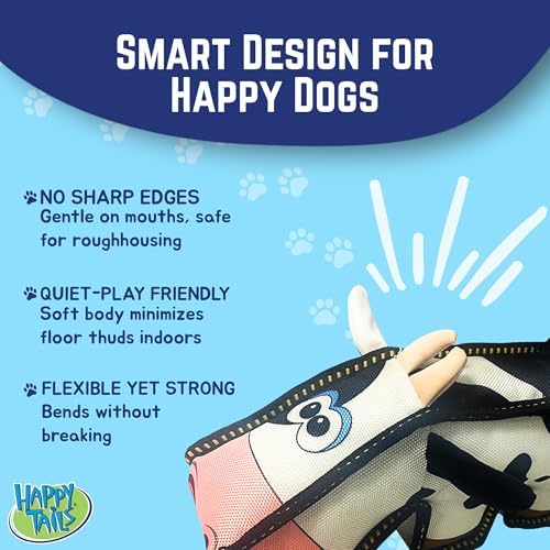 Happy Tails Square Cow Dog Toy - Medium to Large Dogs, Durable Polyester, Squeaky Sound, Reinforced Stitching, Fun & Interactive Pet Playtime