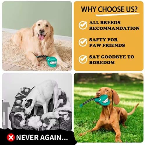 Pufferfish Shape Rubber Dog Toy with Detachable Squeaky Tennis Ball & Rope, Interactive Durable Chew Toys for Dogs, Safe Non-Toxic Material, Clean Teeth Design (Green)