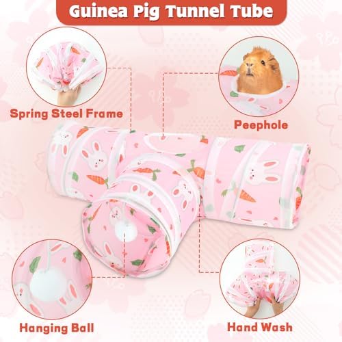 YUEPET Guinea Pig Tunnel, Guinea Pig Toys, 3-Way Play Tunnel Hideout, Pink
