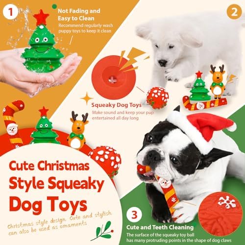 BAEJMJK 6Pcs Christmas Small Dog Toys Set-Xmas Holiday Squeaky Dog Toy Ball and Rope Dogs Toy Set -Funny Interactive Puppy Chew Toys with Christmas Tree Santa Claus and Reindeer Designs