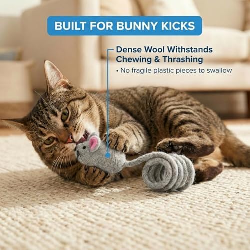 Glaciart One Felt Mouse Cat Toy – Soft Fuzzy Enrichment 100% Natural Wool - Interactive Catnip Play Cat Toy Set - Safe for Pets, Non-AZO Colored Dyes - 42” Long