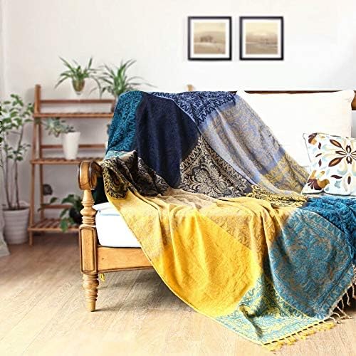 Bohemian Throw Blanket for Couch，Colorful Chenille Tassels Boho Woven Hippie Throw Blankets for Couch Bed Sofa Chair Recliner Loveseat , Bohemian Fringe Tassels Decor Home (Blue, Large 86102Inches)