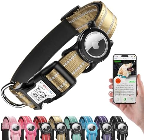 Dog Collar with AirTag Holder, Reflective Dog Collar for Medium Dog, Brown | Waterproof Dog Collar with QR Code Name Tag, Adjustable Nylon Dog Collars with Soft Cushion Padding for Walking, Training