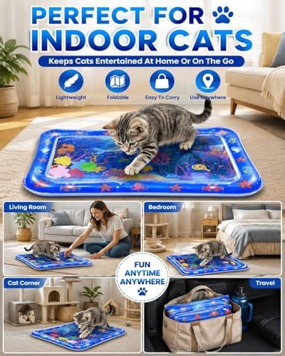 2026 Upgraded Thickened Cat Water Sensory Mat Interactive Toy Cooling Pad Indoor Exercise Hunting Anti-Scratch Leak Proof Foldable Portable Summer Floating Fish Pet Ball Play(1PCB)