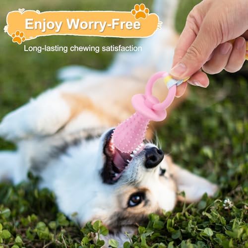 3Pcs Pet Molar Clean Teeth Rubber Toy, Dog Pacifier With Rope, Dog Chew Toys for Aggressive Chewers, Rubber Puppy Pacifier Chewing Playing Training Toys for Small Dogs & Adult Cat, 3 Cute Colors