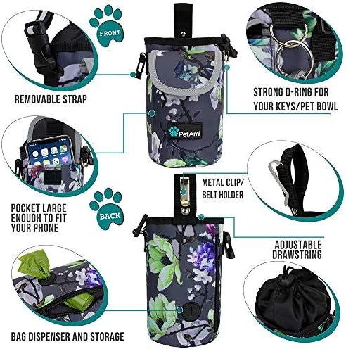 PetAmi Dog Treat Pouch, Large Hands-Free Training Bag, Floral Gray