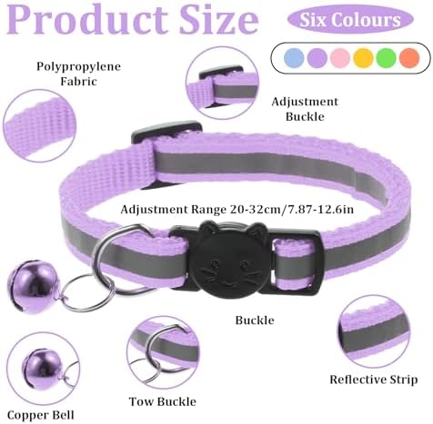 TIESOME 6 Pcs Kitten Collar with Bell, Reflective Cat Collar Breakaway Safety for Cats, Adjustable Nylon Pet Collar Mixed Colors 7.8-12.6 Inch