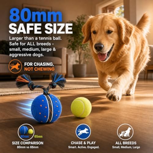 Interactive Smart Dog Ball Toy with Swinging Tail, Durable E-TPU Quiet Automatic Rolling Ball for Dogs to Chase, Self-Moving Dog Ball with Motion Activated, Rechargeable Small Medium Large Dog Toy