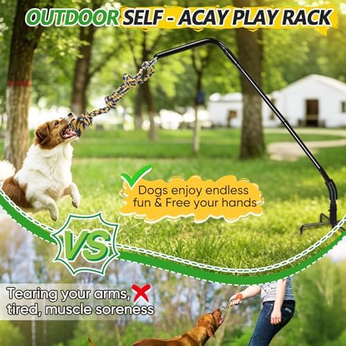 HVDI Tether Dog Toy Rack with 3 Tug Rope Toys, Dog Rope Play Spring Rack and Interactive in Yard, Park, Lawn, Adjustable Height Suitable for Large, Medium, Small Dogs (55 Inches)