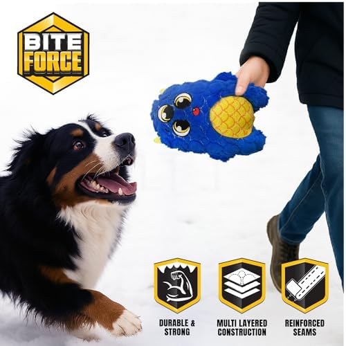 Bite Force - Durable & Strong Dog Toy Blue Furocious Frank Monster with Squeaker, Kevlar-Reinforced Seams for Aggressive chewers.