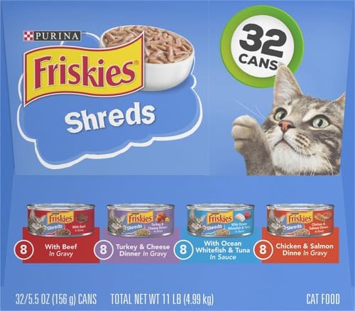 Friskies Purina Gravy Wet Cat Food Variety Pack, Savory Shreds with Beef, Turkey and Cheese Dinner, Chicken & Salmon Dinner, with Ocean Whitefish & Tuna - 5.5 oz. Cans (Pack of 64)