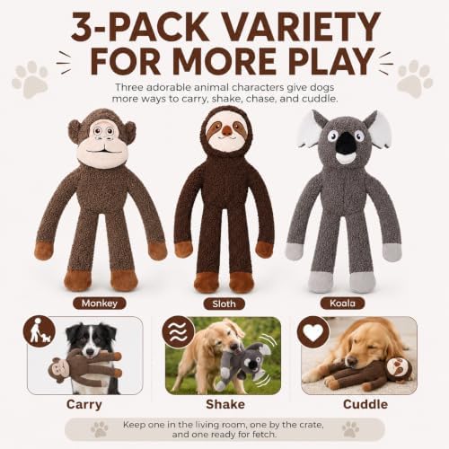No Stuffing Dog Toys, 3-Pack Squeaky Crinkle Set