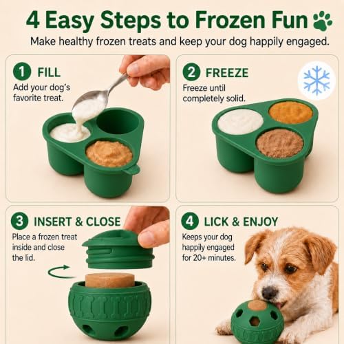 Frozen Treat Dog Toy Set with Freezer Tray, Interactive Rubber Chew Toy, Treat Ball Holder for Licking & Chewing, Dog Enrichment Toy to Keep Dogs Busy (Green)