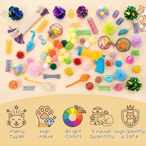 Leitee 100 Pcs Cat Toys Variety Pack with 1 Gift Storage Bag, Interactive Cat Play Assortment Set for Indoor Kitten, Colorful Springs, Mouse Toys, Chew Ropes, Balls, Bells & Sisal Ball(Ball Toy)