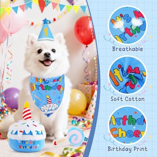 KIPRITII Dog Birthday Supplies with Cake Toys, Bandana & Hat for Small Dogs