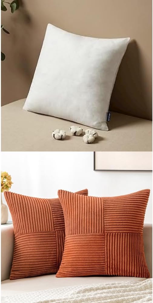 MIULEE Pillow Insert 18x18 Inch Rust Corduroy Pillow Covers Pack of 2 Boho Decorative Spliced Throw Pillow Covers