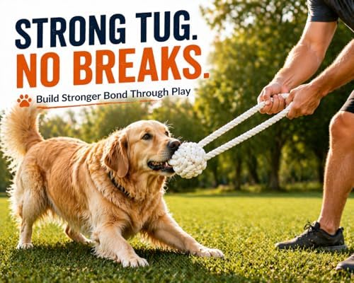 Cotton Dog Rope Toy with Ball – 20" Tug Toy for Medium & Large Dogs, Strong & Durable for Tug-of-War, Outdoor Interactive Play & Teeth Cleaning, White