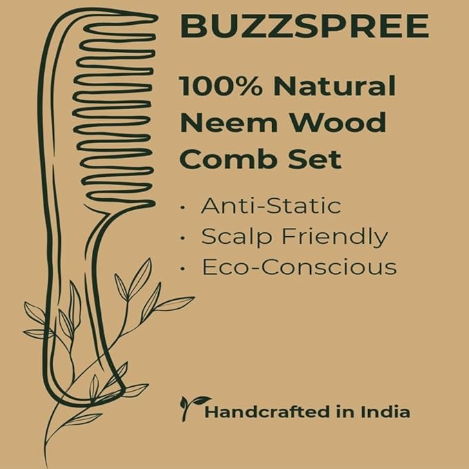 Natural Neem Wood Comb Set of 2 (Wave Lily & Wave Handle) | Wide & Fine Tooth Wooden Hair Pick Comb Set for Men & Women | Eco-Friendly, Plastic-Free Wooden Combs for Daily Grooming | Curly & Texted