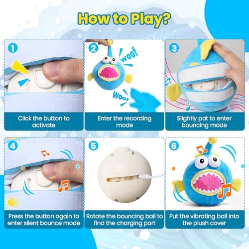 UPGRADED Interactive Moving Dog Toy, Bouncing Dog Toy with Rouncing Ball, Squeaky Plush Electronic Dog Toy for Small Medium Large Dogs, Vibrating Music Recording Mode to Keep Them Busy (Lanternfish)