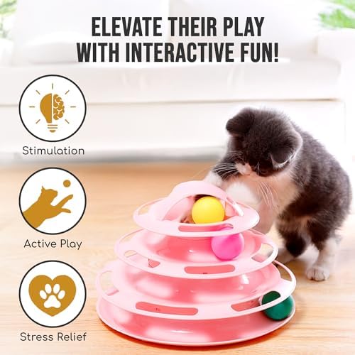 Vila 4-Tier Cat Tower, Multi-Level Interactive Track, Kitten Toy for Indoor Felines Self-Engage with 4 Chase Multicolored Balls, Pink, 1 Set Per Pack