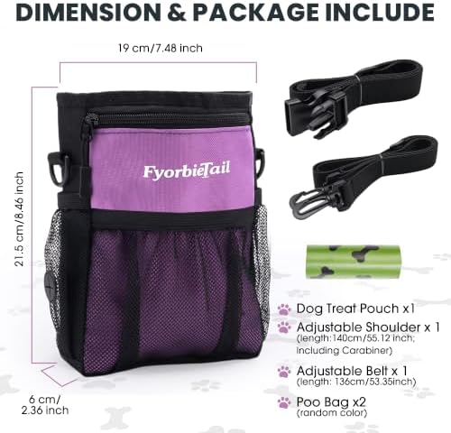 Dog Treat Pouch, 4 Cup Training Bag, Magnetic Closure, 3 Way Wear, Purple | 600D waterproof Oxford fabric, multi pocket storage, zipper and mesh pockets, pull out poop bag dispenser, includes 2 rolls