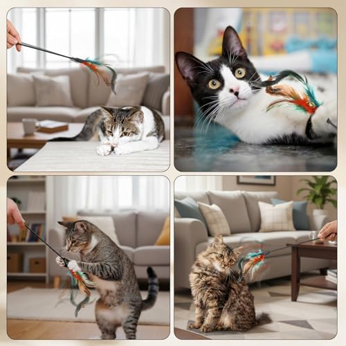 Leitee 50 Pcs Cat Feather Toy Wand Bulk Interactive Stick, Multi-Color