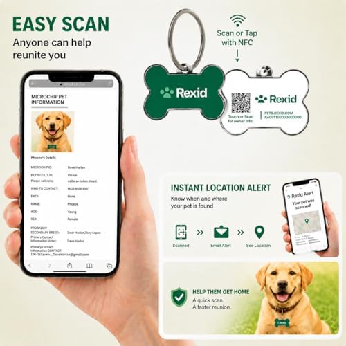 RexID Bone Smart Dog Tag – QR Code ID Tag with Online Profile & Owner Contact – Anyone Anywhere Scan Instantly to Reunite – 1.8'' Lightweight & Noise-Free for Dog&Cat