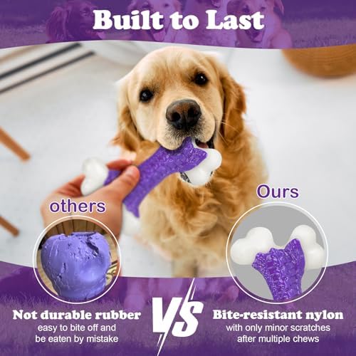 Kseroo 2-Pack Indestructible Dog Toys for Aggressive Chewers: Bacon Flavored Hard Nylon Bone Chew Toys, Tough Dog Chew Toys for Large Dogs, Dog Toys to Keep Them Busy for Medium Large Breed, Purple