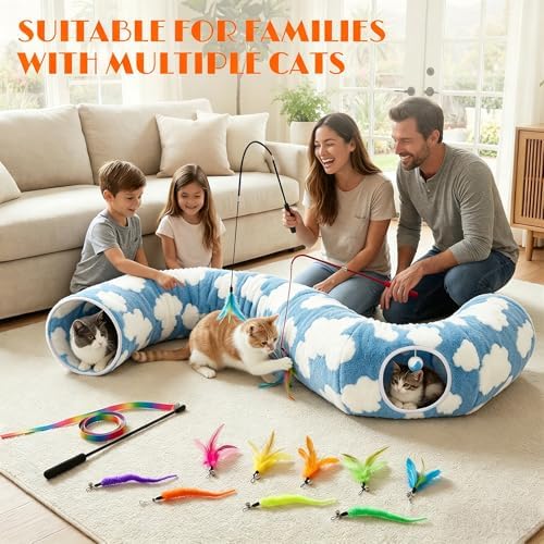 Cat Tunnel Bed with Toys – Large Collapsible Play Tube (Blue)