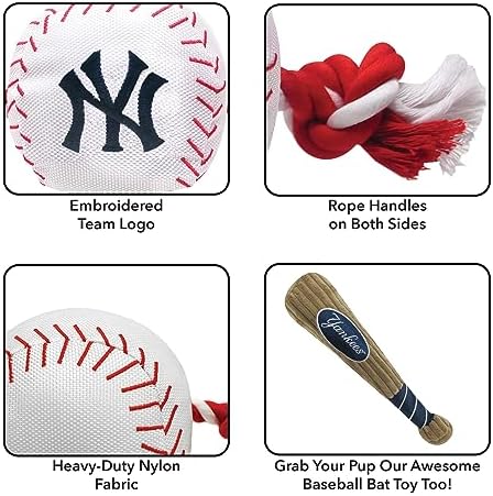 MLB NEW YORK YANKEES Baseball Rope Toy for DOGS & CATS. Tough nylon, Sporty Baseball Design, Heavy-duty ropes with Inner SQUEAKER