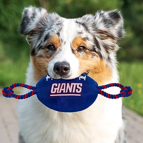 Pets First NFL New York Giants Football Dog Toy, Tough Quality Nylon Materials, Strong Pull Ropes, Inner Squeaker, NFL Team Color