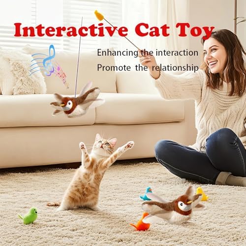 Upgraded Interactive Chirping Bird Cat Toys with Flapping Wings,No Flying Birds Cats Toy, Flying Simulation Electric Sparrow Shaking Hunting Pet Toy for Indoor-Larger